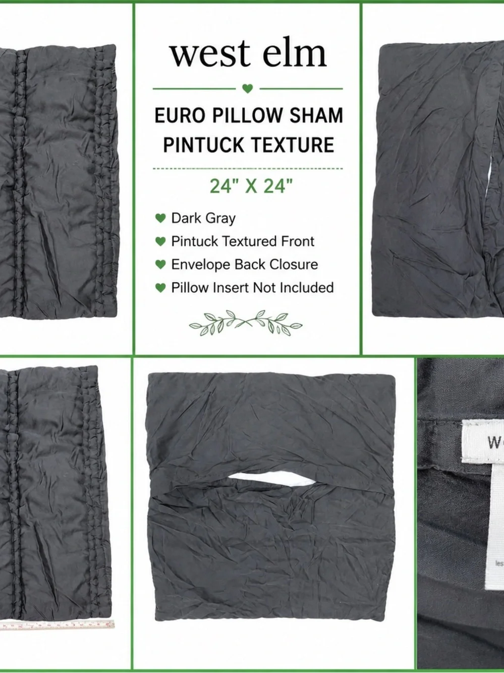 West Elm Dark Gray Pintuck Euro Pillow Sham